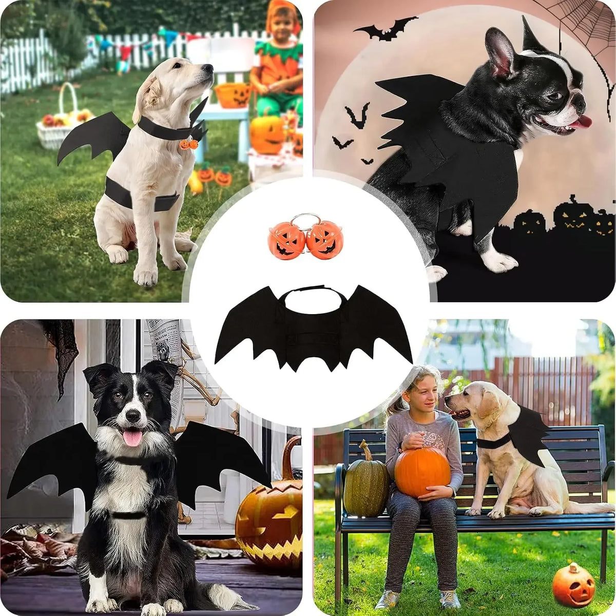 Fantasia de Halloween para Pets: Asas de Morcego para Gatos e Cães com 2 Sinos de Abóbora – Roupa de Cosplay para Gatos e Cães Pequenos – Diversão para Festas e Fantasiar