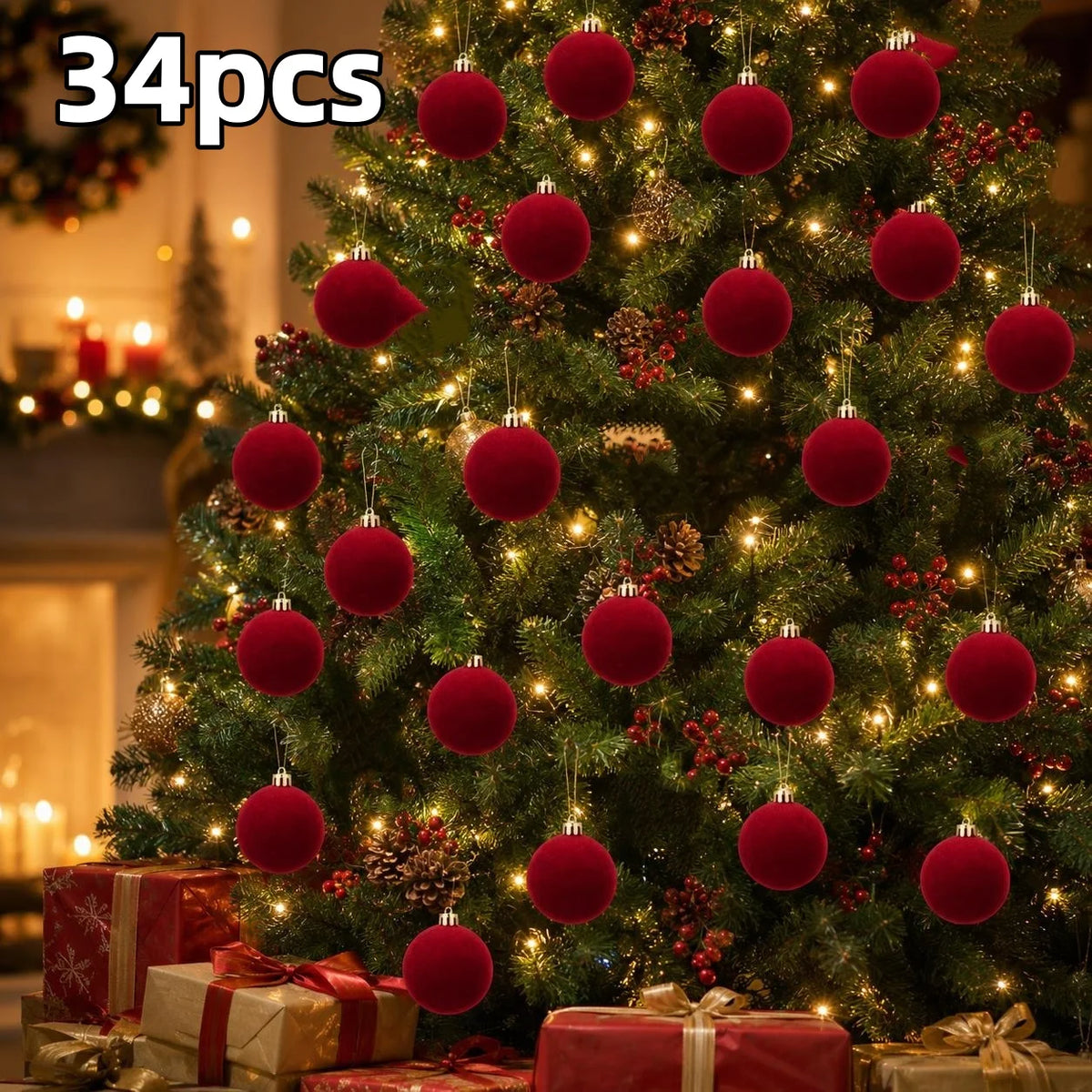 Conjunto de 34/16 Bolas de Natal em Veludo Borgonha, Decorações Perfeitas para Árvore de Natal - Enfeites de Bolas de Natal para Halloween, Ação de Graças, Aniversários e Casamentos, Decorações Duráveis de Plástico