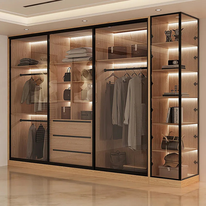 Bedroom Household Solid Wood Sliding Door Wardrobe Glass Double Wardrobes Storage Cabinet Clothes Closet Clothing Home Furniture