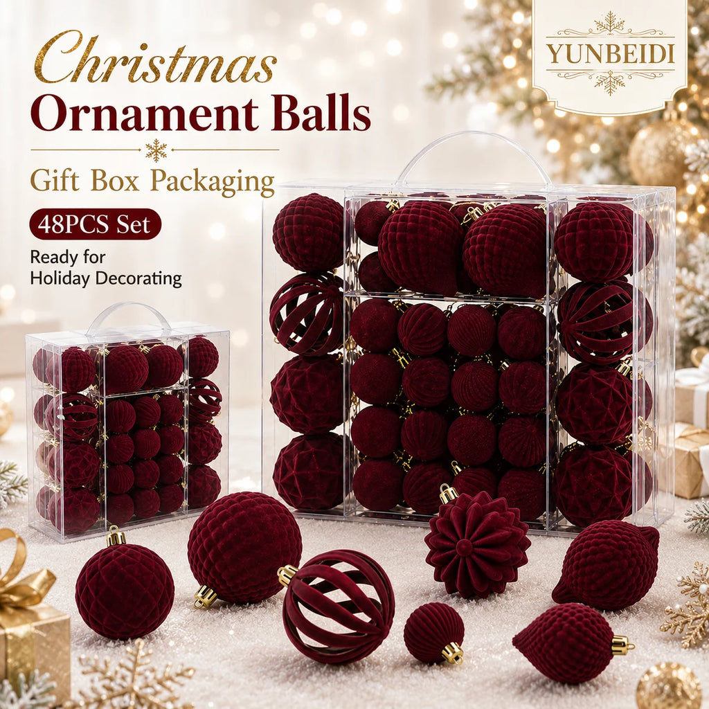 Conjunto de Bolas de Natal de Veludo 48 Peças, Enfeites Plásticos Flocados para Decoração de Árvore de Natal DIY, Decoração Suspensa para Festas e Casa