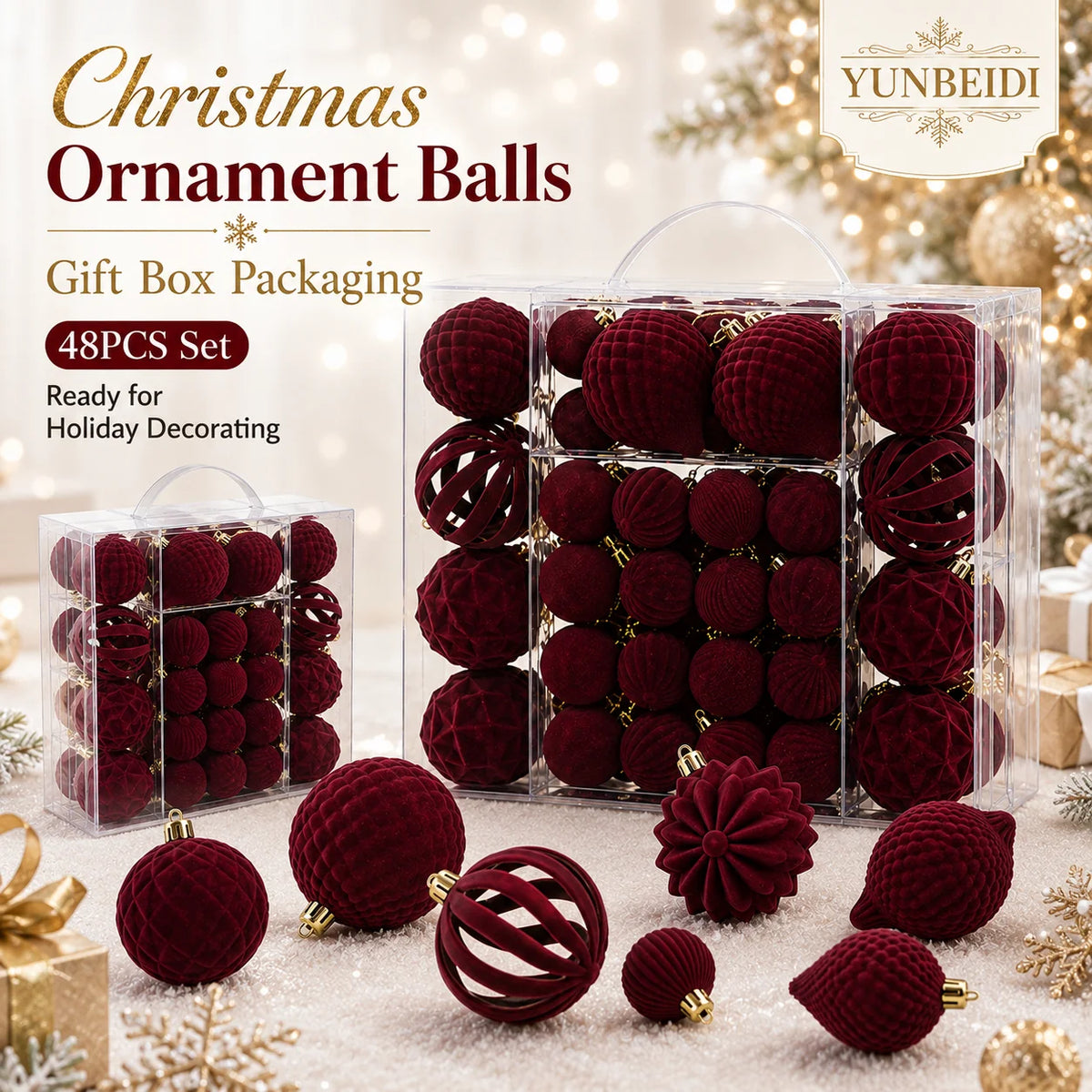 Conjunto de Bolas de Natal de Veludo 48 Peças, Enfeites Plásticos Flocados para Decoração de Árvore de Natal DIY, Decoração Suspensa para Festas e Casa