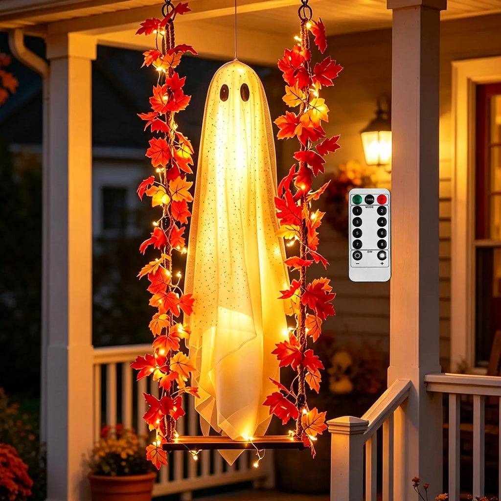 Decoração de Varanda para Halloween: Fantasma Balançante Brilhante com Chapéu de Bruxa e Luz para Pendurar no Jardim