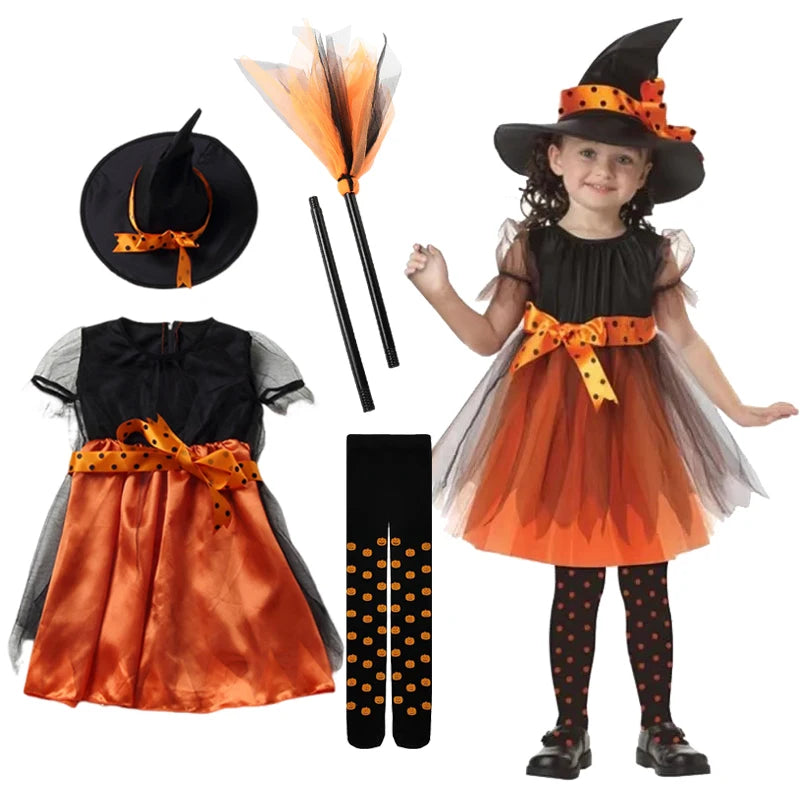 Fantasia de Halloween para Meninas 2026, Conjunto de Vestido de Bruxa com Chapéu e Bolsa