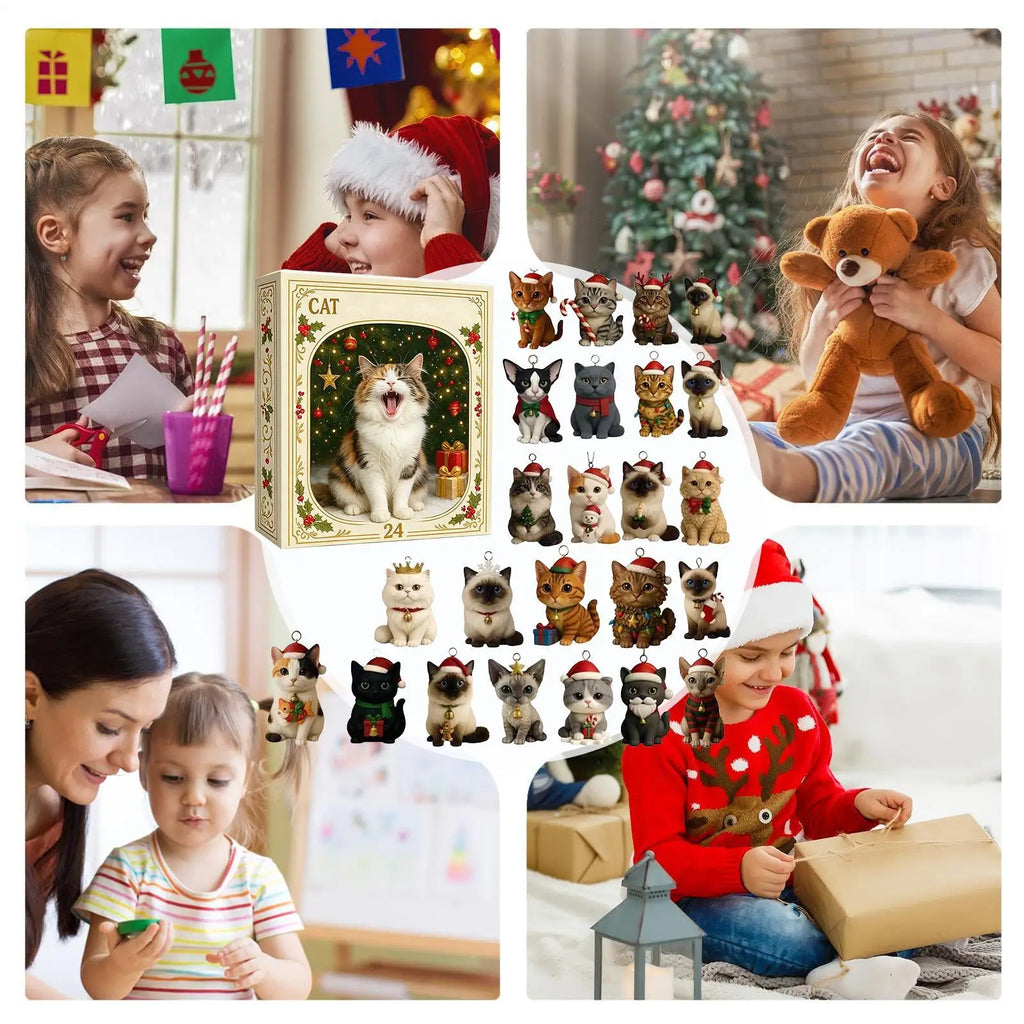 Calendário de contagem regressiva de Natal com tema de gato, 24 dias, enfeites de gato em acrílico 2D, calendário de advento, enfeite para árvore de Natal, presente colecionável.