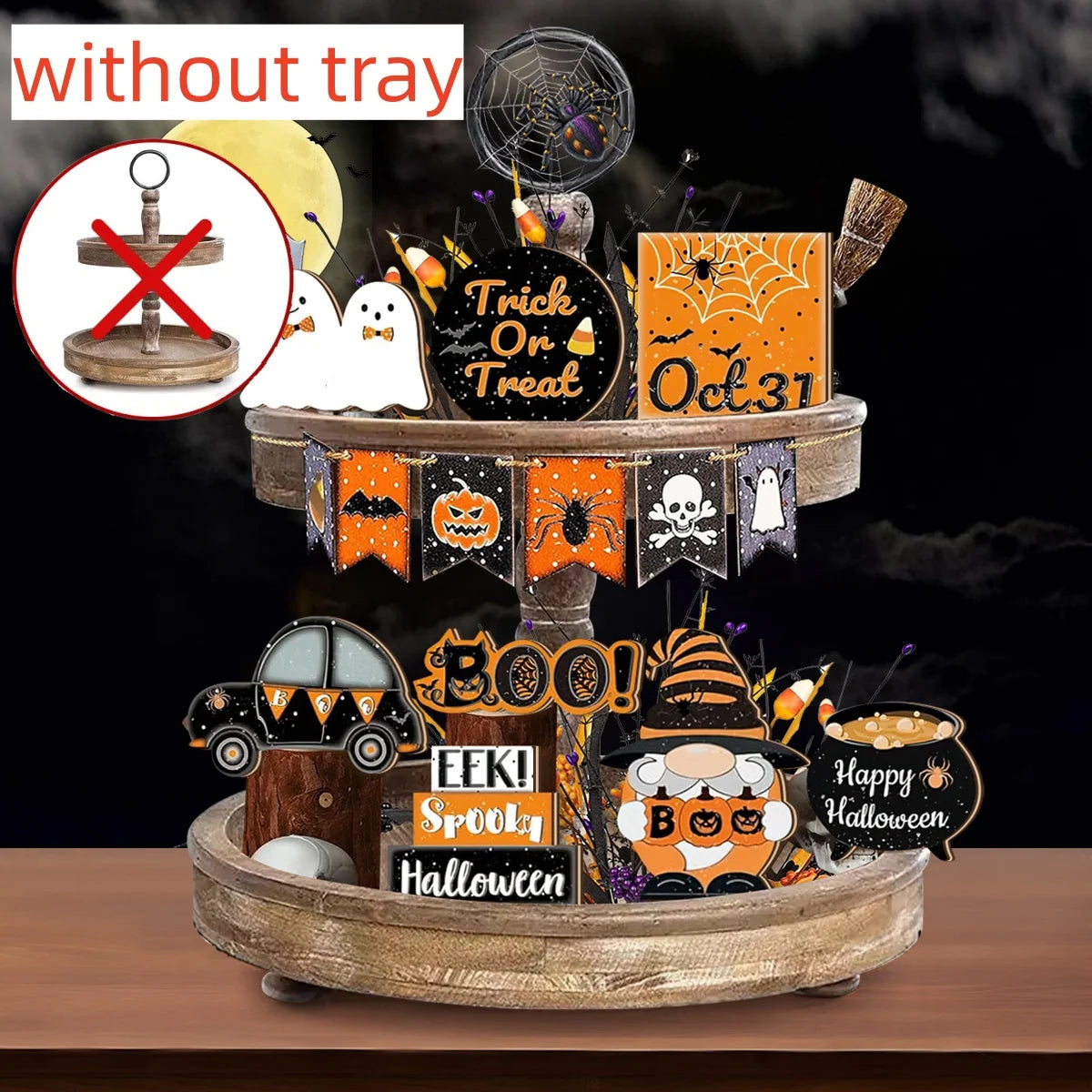 Placa de Mesa de Madeira 2D de Halloween, Sem Bandeja, Pote Mágico de Carro Laranja e Preto, Decoração de Bruxa, Gnomo e Fantasma, Decoração de Casa de Halloween