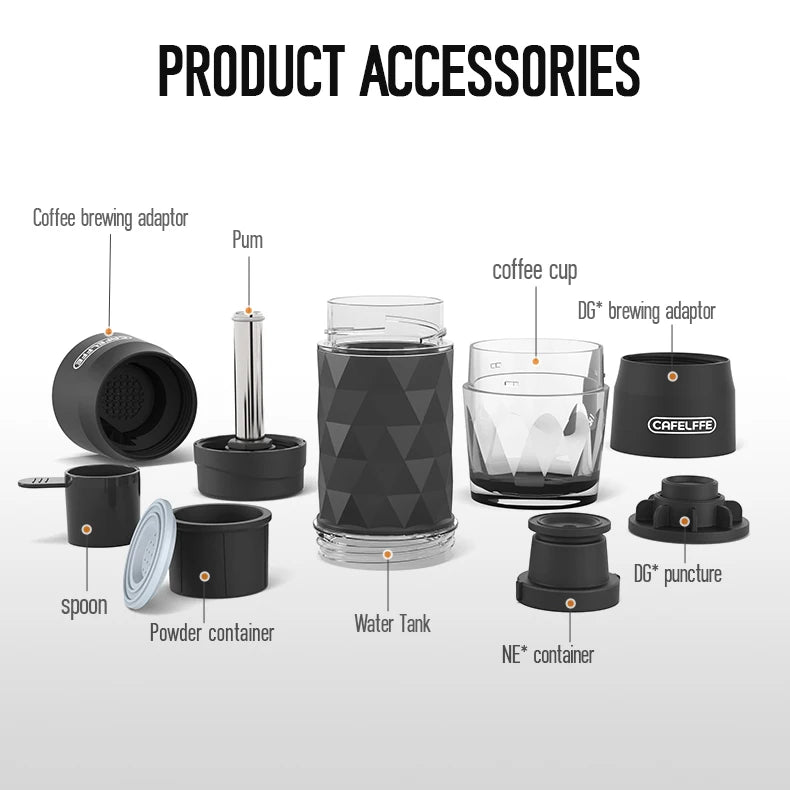 Máquina de Café Portátil Cafelffe 3 em 1, Cafeteira Manual para Cápsulas e Café Moído, Espumador de Leite, Preparador Manual para Viagens e Presentes