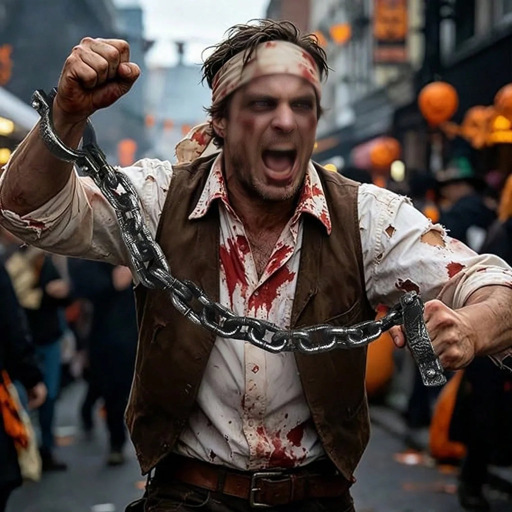 Itens de maquiagem e decoração para festas de Halloween, algemas, correntes de ferro, acessórios de prisioneiro de terror, pulseiras de imitação de plástico, grilhões, correntes.