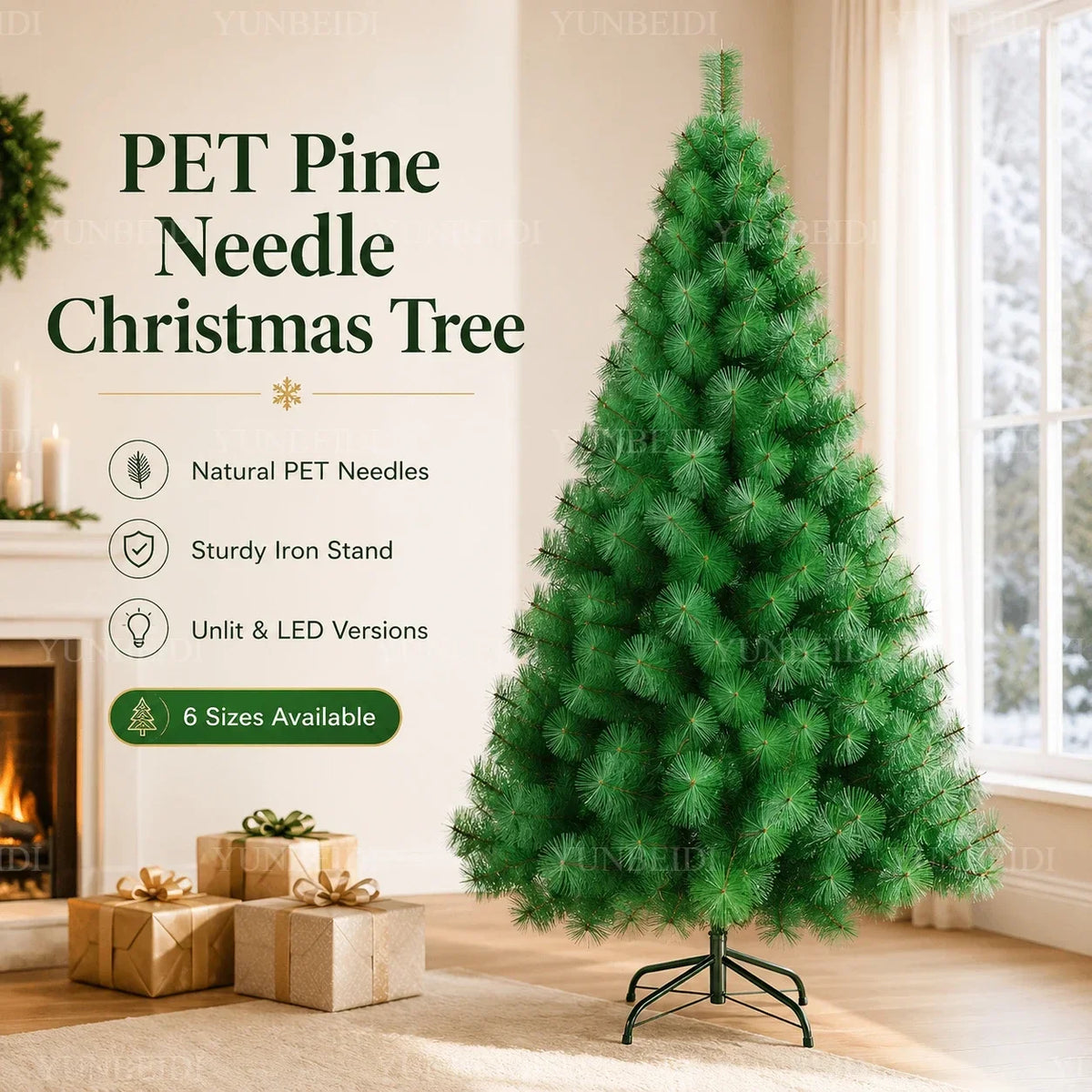 Árvore de Natal Artificial com Agulhas de Pinheiro em PET, com Luzes LED, de 90cm a 240cm, Decorações de Natal para a Família