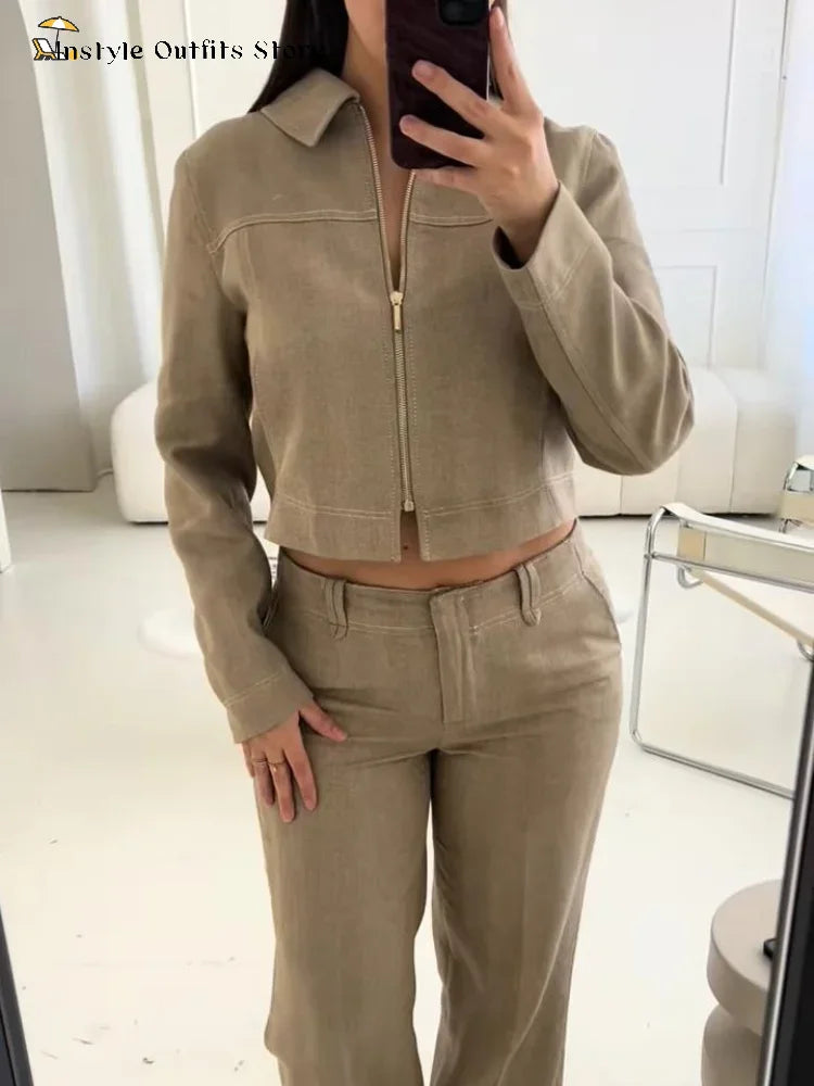 Casual Trousers Set Women Cotton Linen Lapel Zippers Crop Top Straight Pants Sets Lady 2026 Spring Solid Suit Woman Streetwear