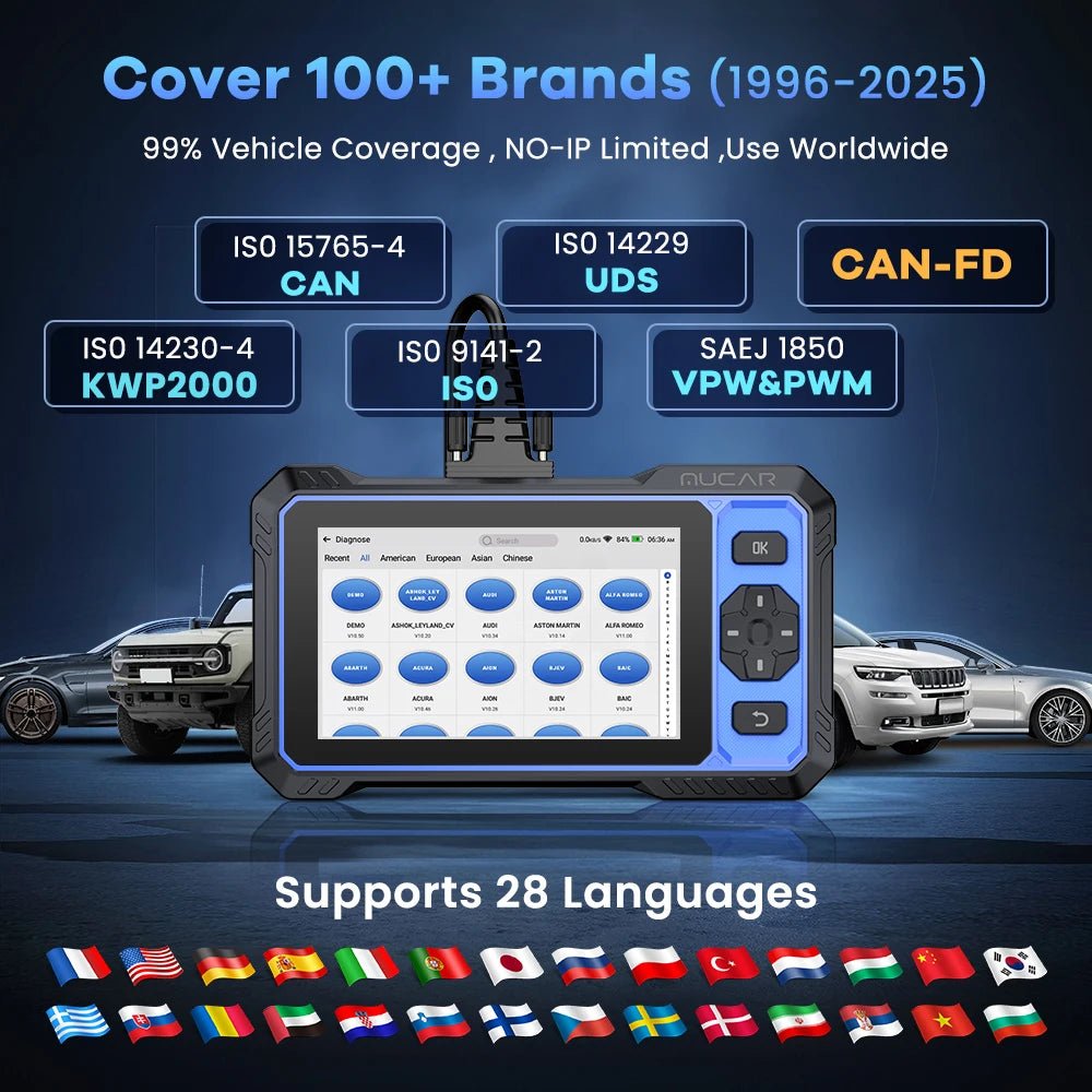 MUCAR 682 Ferramenta de Diagnóstico Automotivo Assistida por IA CANFD Codificação Bidirecional de ECU 20 Funções de Redefinição Diagnóstico Completo do Sistema Scanner OBD2 Vitalício Grátis