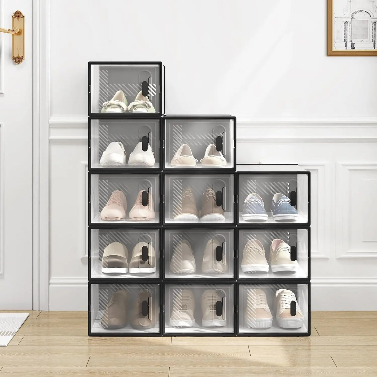 WOLTU 8/12/18PCS Caixas de sapato empilháveis Modular DIY Sapateira Cubos de sapato dobráveis de plástico transparente para corredor sala de estar