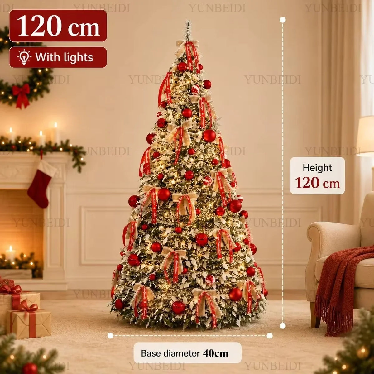 Árvore de Natal Dobrável com Luzes LED e Enfeites, Árvore de Natal Integrada de Alta Qualidade de 120cm a 180cm, Decoração para Festa de Natal em Família