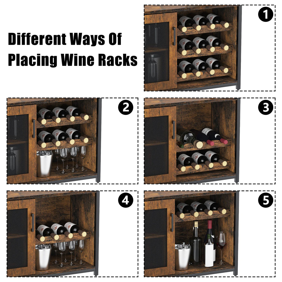 Armário de bar de vinho de 3 camadas com rack de vinho removível e armário de buffet com suporte de vidro e porta de malha para casa