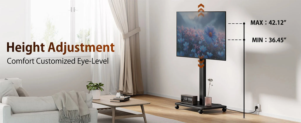 Suporte de TV rolante para TV plana curvada de 10 "-42" com retrato giratório para paisagem Suporte de TV portátil ajustável em altura com rodas