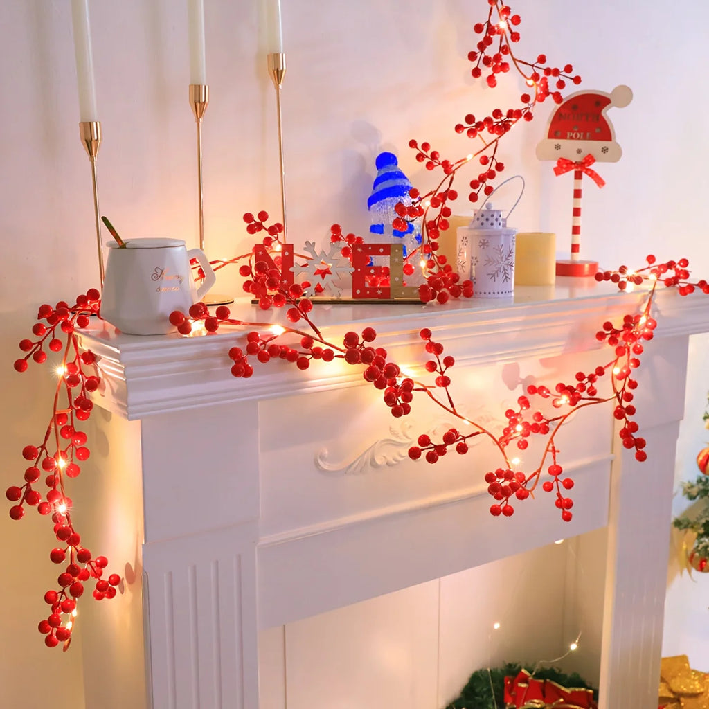Guirlanda de luzes LED com frutos vermelhos artificiais para o Natal, luzes em forma de videira para decorar árvores de Natal, casas, casamentos, festas e para a decoração de inverno.