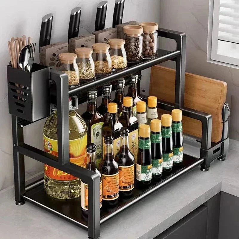 Organizador de Temperos para Cozinha, Suporte de Metal Ajustável de 3 Níveis com Ganchos para Facas, Preto