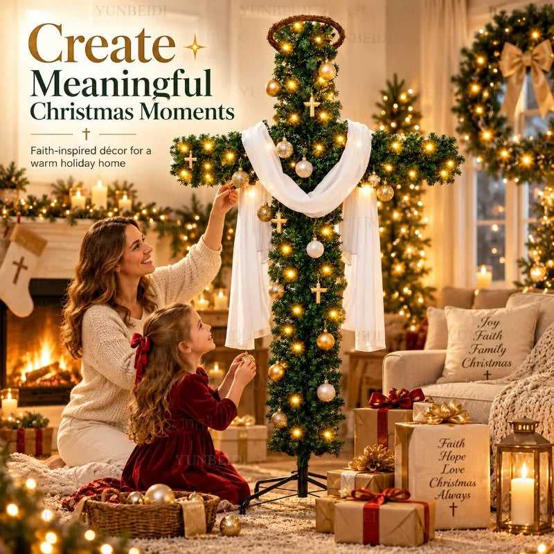 Decoração de Árvore de Natal em Forma de Cruz de 150/180cm com Luzes LED Quentes, Decoração Religiosa para Árvore de Natal, Jardim, Igreja e Festas