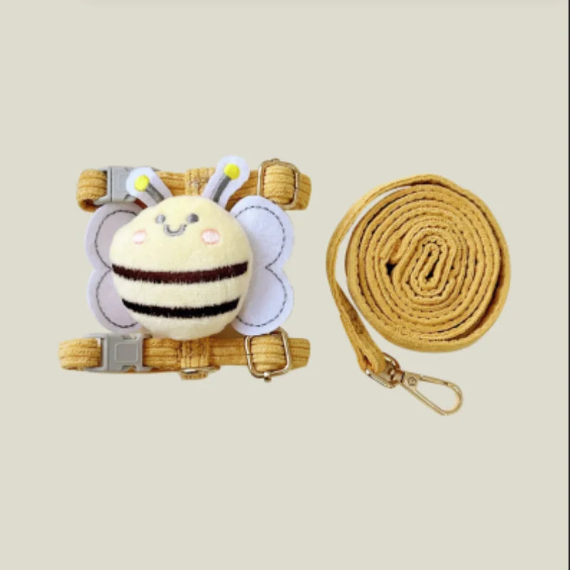 Conjunto de Coleira e Guia para Gatos e Cães, Ajustável, com Estampa de Abelha em Desenho Animado, Coleira Dupla Camada para Animais de Estimação Pequenos e Médios, para Passeios ao Ar Livre