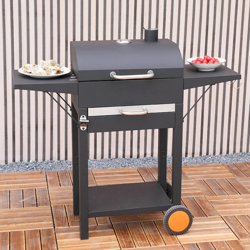 Churrasqueira a Carvão com Rodas e Tampa em Cúpula, Design de Carrinho, para Cozinha Externa, com Chaminé de Ventilação Superior e Controle de Temperatura