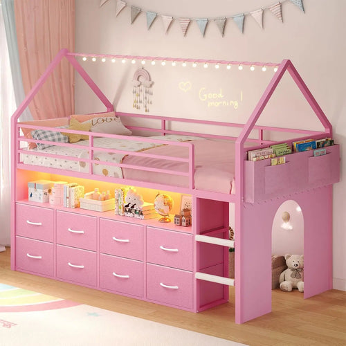 Cama Loft de Tamanho Twin para Crianças, com 8 Gavetas de Armazenamento e Luzes LED, Cama de Metal em Forma de Casa com Estante, Escada de Espuma Macia, 13.4