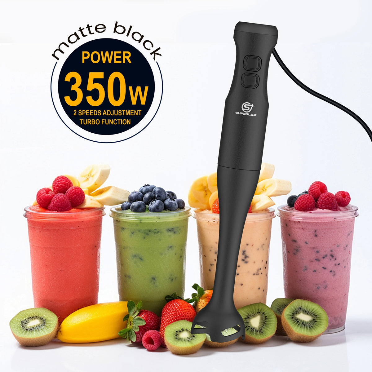 SUPERLEX 350W Mixer de Imersão 4 em 1, Conjunto de Mixer Elétrico Portátil com Batedor, Copo Medidor de 500ml e Picador de 700ml, Controle de 2 Velocidades para Sopas, Smoothies, Papinhas e Carne Moída