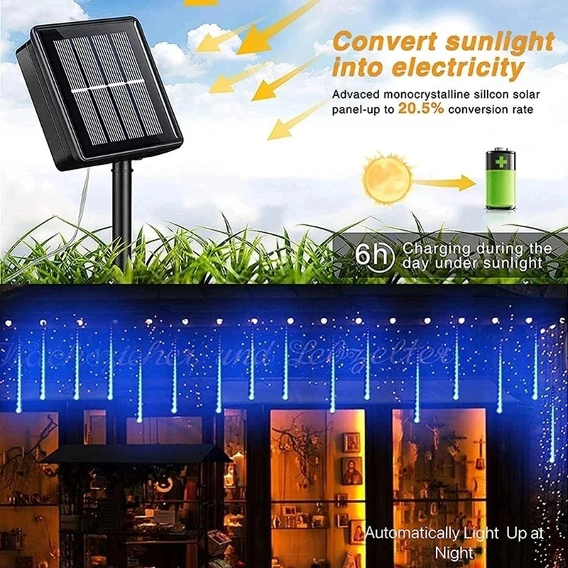Luz Solar LED de Chuva de Meteoros, Cordão de Luzes para Feriados, Decoração de Jardim à Prova d'Água, Guirlanda LED para Exterior, Decoração de Natal