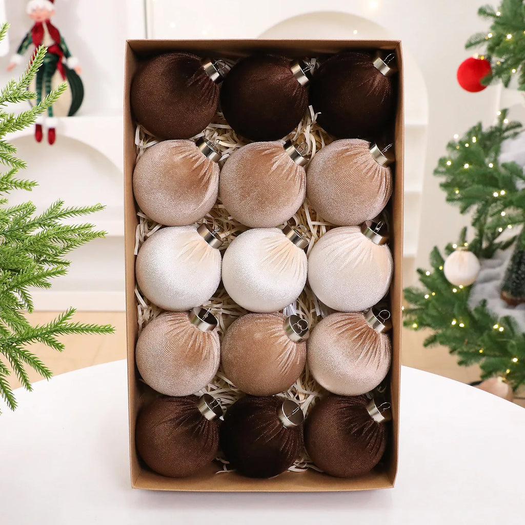 Bolas de Natal de Veludo 8cm 15PCS Enfeites de Natal com Tecido Flocado para Decoração de Árvore de Natal e Festas em Casa