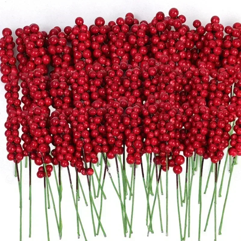 Galhos de Frutas Vermelhas Artificiais para Natal, Buquê de Flores de Azevinho Falso para Decoração de Árvore de Natal e Festa de Ano Novo