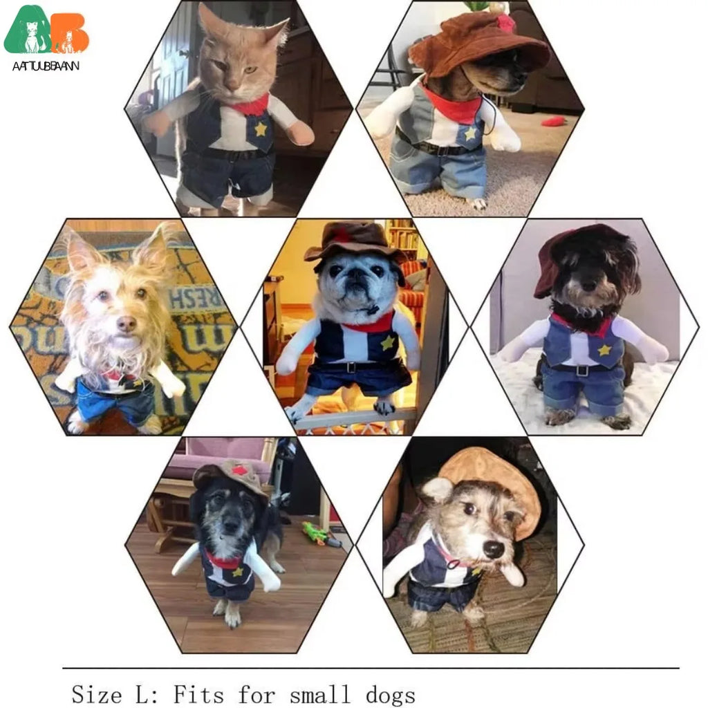 Trajes de Halloween para cães e gatos, uniforme de cowboy ocidental com chapéu, roupa engraçada de cowboy para animais de estimação, fantasia engraçada para gatos e cães pequenos