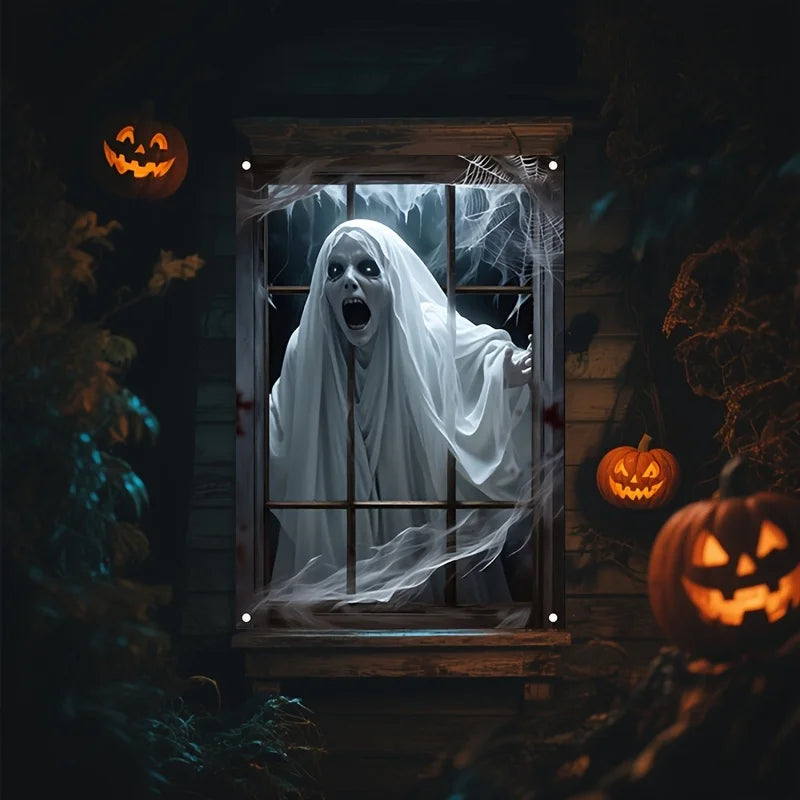 Decoração de banner para janela de Halloween, design de peça única, com padrões de fantasmas aterrorizantes, feito de tecido de poliéster.