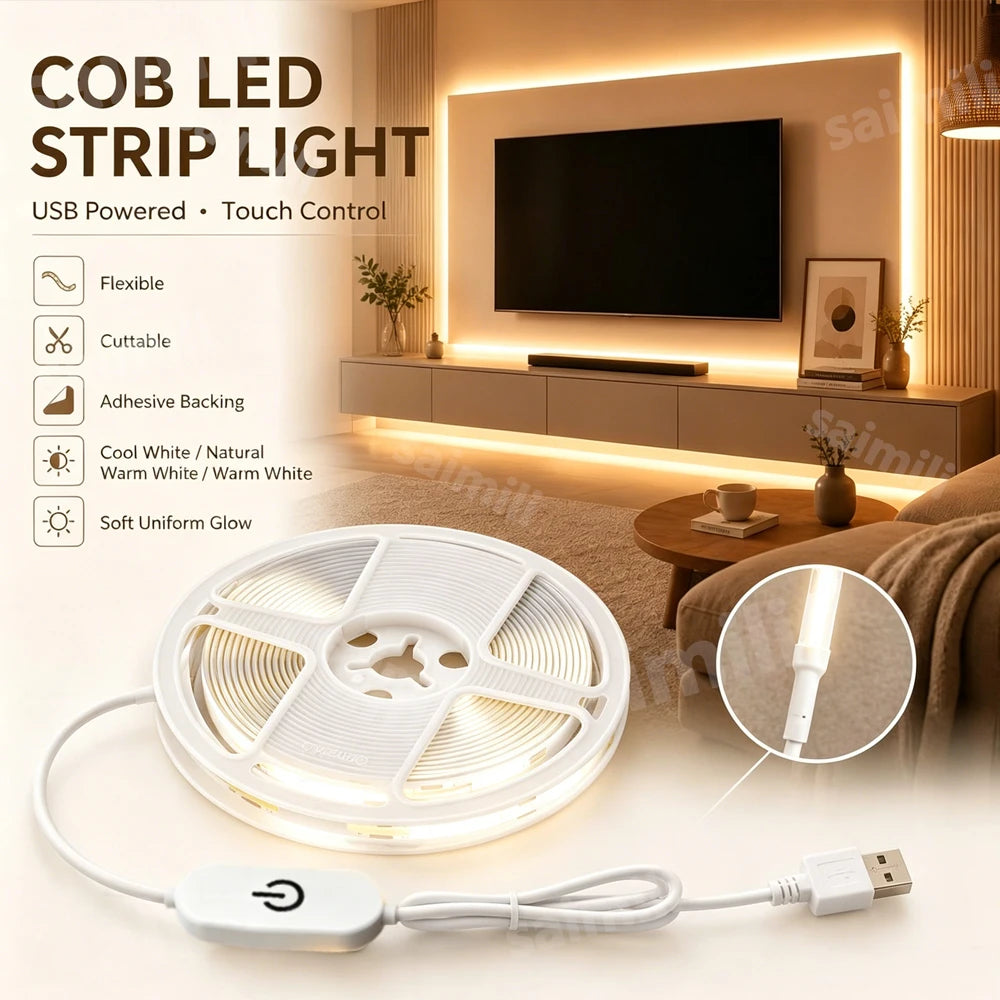 Fita de LED COB com toque regulável, fita adesiva flexível para sala de estar, quarto, guarda-roupa, iluminação de fundo para TV