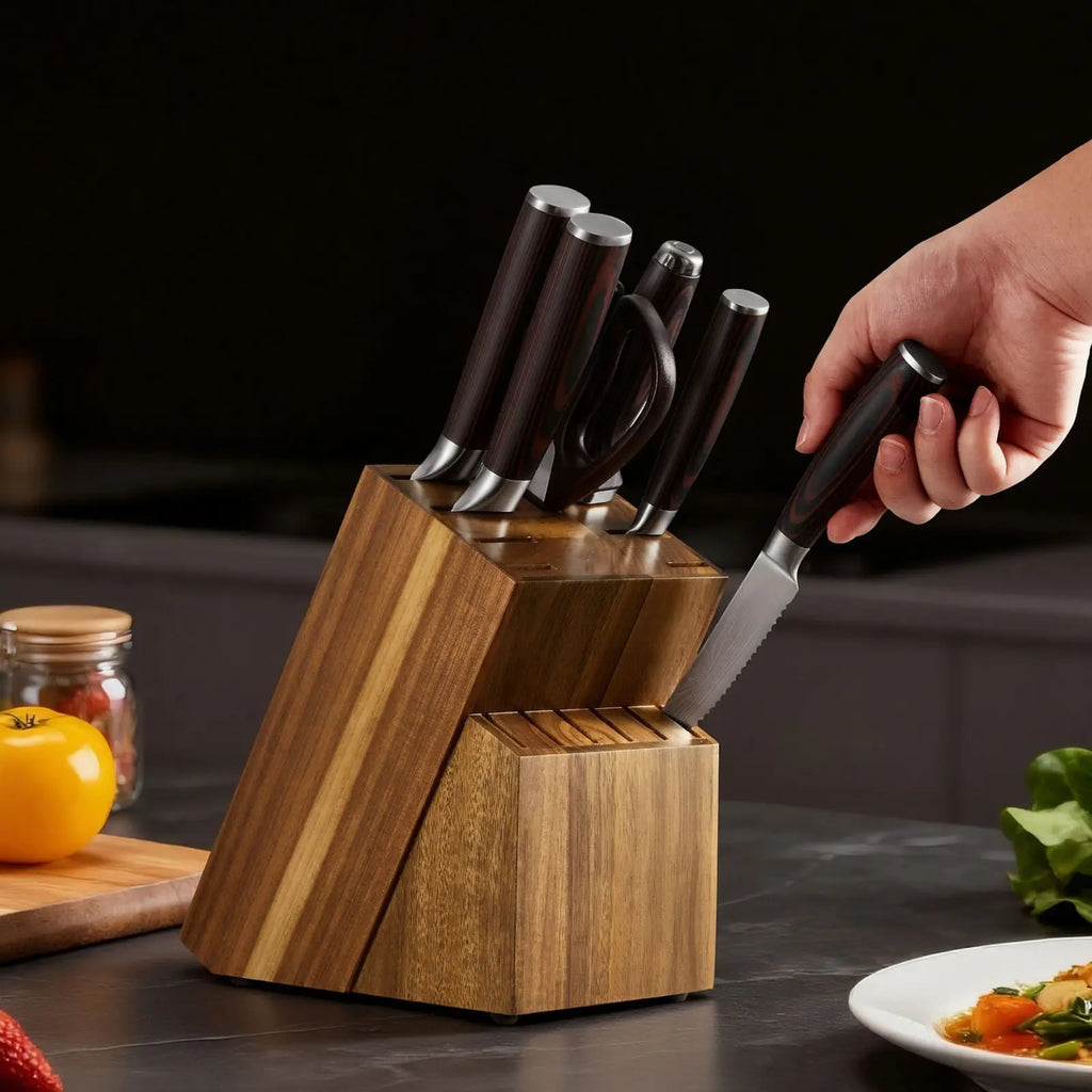 "15-Piece High Carbon Stainless Steel Kitchen Knife Set with Block Sharpener & Rust-Resistant Cutlery (3CR13 Blade)"