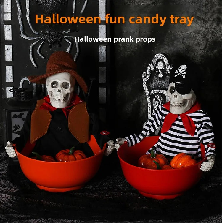 Decoração de cena de Halloween: balde de abóbora, prato de doces engraçado, adereços, enfeites, decorações de atmosfera de evento, decoração de bar