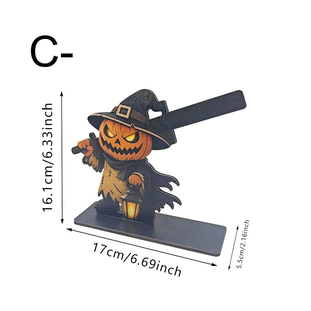 Suporte de Papel Toalha de Madeira para Halloween com Decoração de Esqueleto Assustador, Fantasma, Abóbora e Gato para Mesa de Cozinha e Banheiro