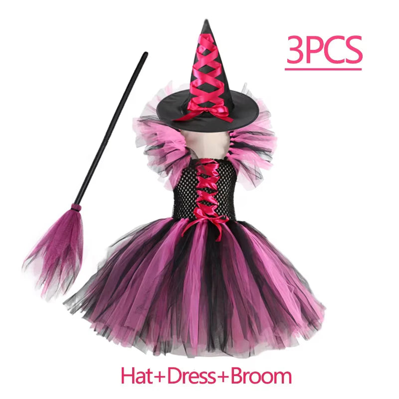 Fantasia de Bruxa para Meninas, Vestido de Tule em 3 Cores com Chapéu Pontudo, Fantasia de Carnaval para Crianças