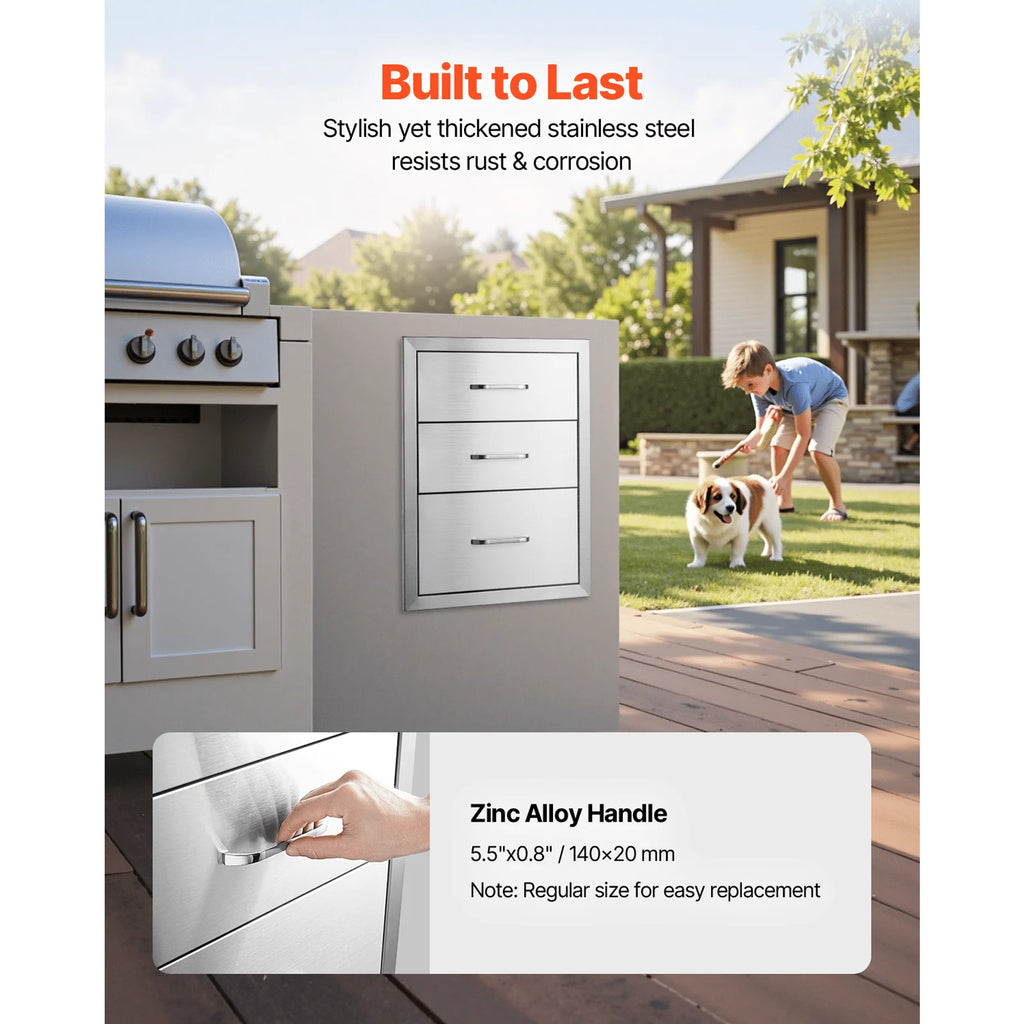 18x23 Inch Outdoor Kitchen Stainless Steel Triple Access BBQ Drawers with Chrome Handle 18 X23 X 23 Inch Kitchen Islands & Carts