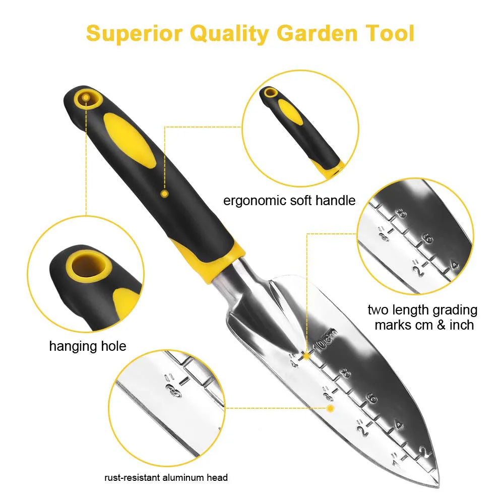 Ferramentas de Jardinagem: Pá de Mão, Ancinho, Cultivador e Sachador com Cabo Ergonômico para Jardim, Gramado, Terras Agrícolas, Transplante e Bonsai