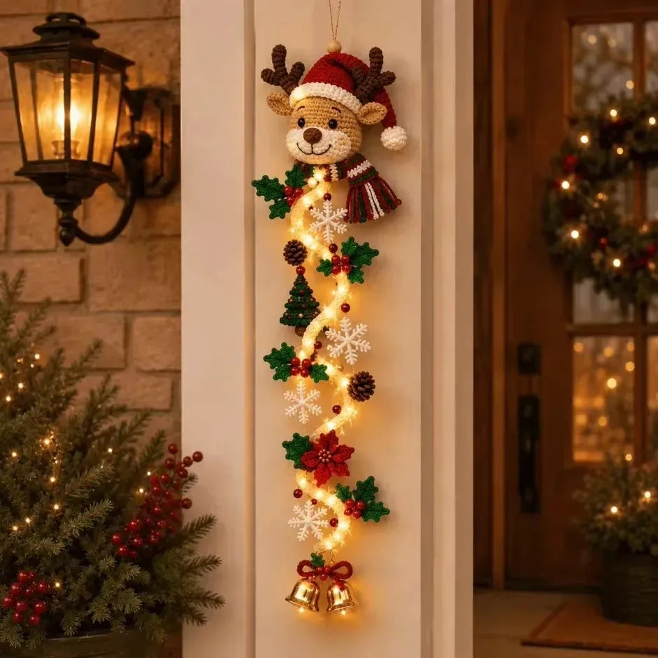 Decoração de Natal, enfeite de porta de Natal com luzes LED, Papai Noel de crochê feito à mão, enfeite de árvore de Natal, sino, decoração para casa, parede, porta, decoração de Ano Novo.