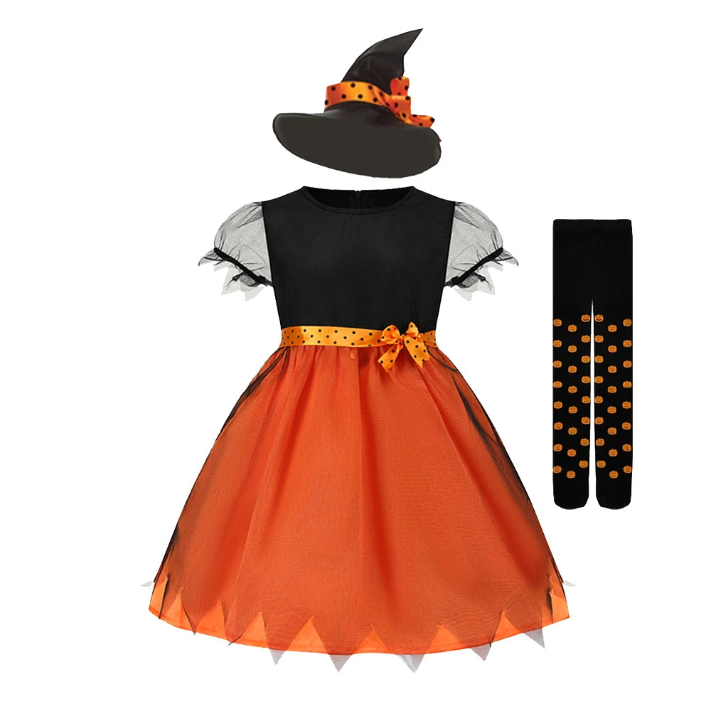 Fantasia de Halloween para Meninas 2026: Vestido de Abóbora e Bruxa com Chapéu para Carnaval e Festas - Roupa Infantil