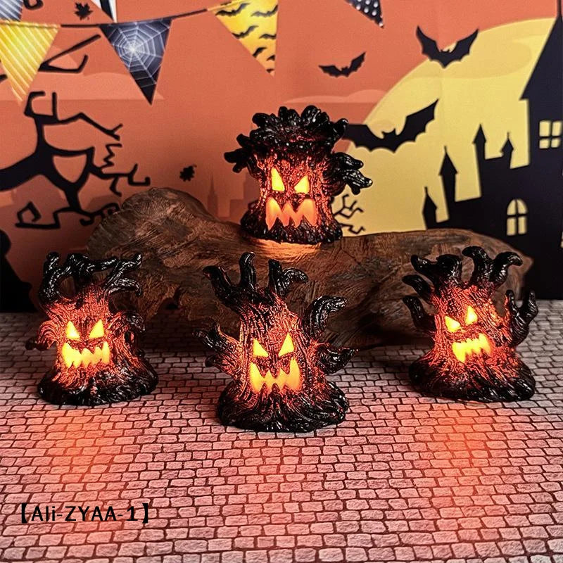 【A】Decoração de Árvore Assustadora Iluminada para Halloween com Luz LED Quente, Construção em Resina para Festa de Halloween, Decoração de Mesa e Casa Assombrada