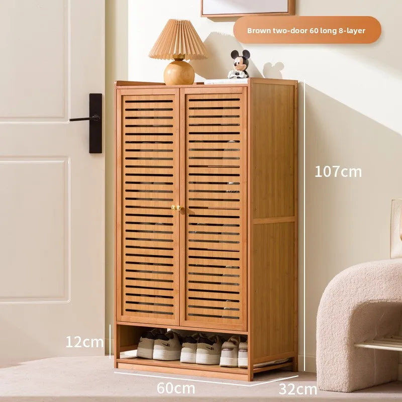 Armário de Sapatos de Bambu com Porta de Persiana, Armário de Armazenamento Multicamadas para Sala de Estar, Armário de Jantar, Armário de Utensílios de Cozinha