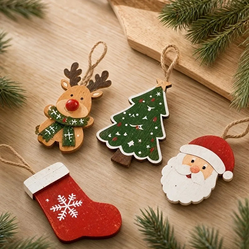 10 peças de decoração de madeira de Natal, Papai Noel, renas, árvore de Natal, estrelas, etc., decoração para festas de inverno/Natal em casa.