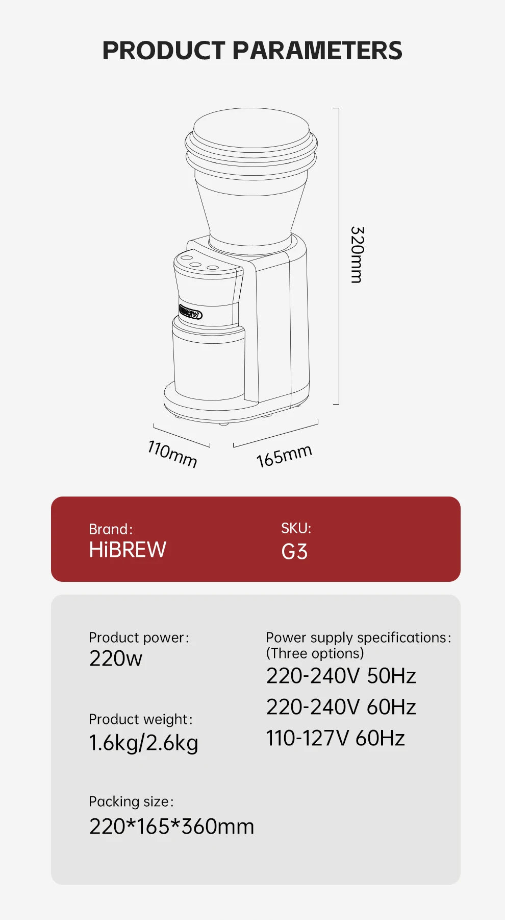 Hibrew moinho de rebarbas automático moedor de café elétrico com 34 engrenagens para café expresso americano despeje sobre armazenamento visual de feijão g3