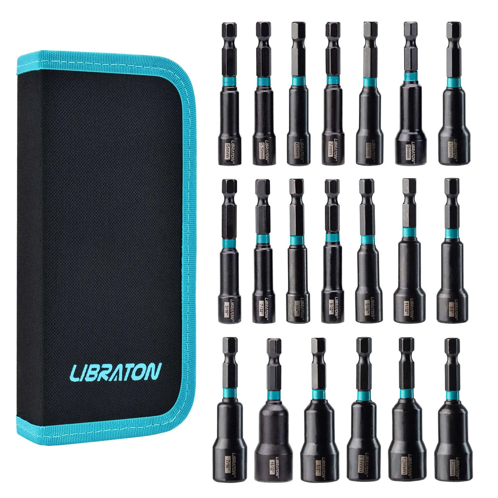 LIBRATON Conjunto de 20 Chaves de Porca Magnéticas, Conjunto de Pontas de Chave de Impacto para Furadeira 1/4" Chaves de Porca Métricas e SAE com Bolsa de Armazenamento