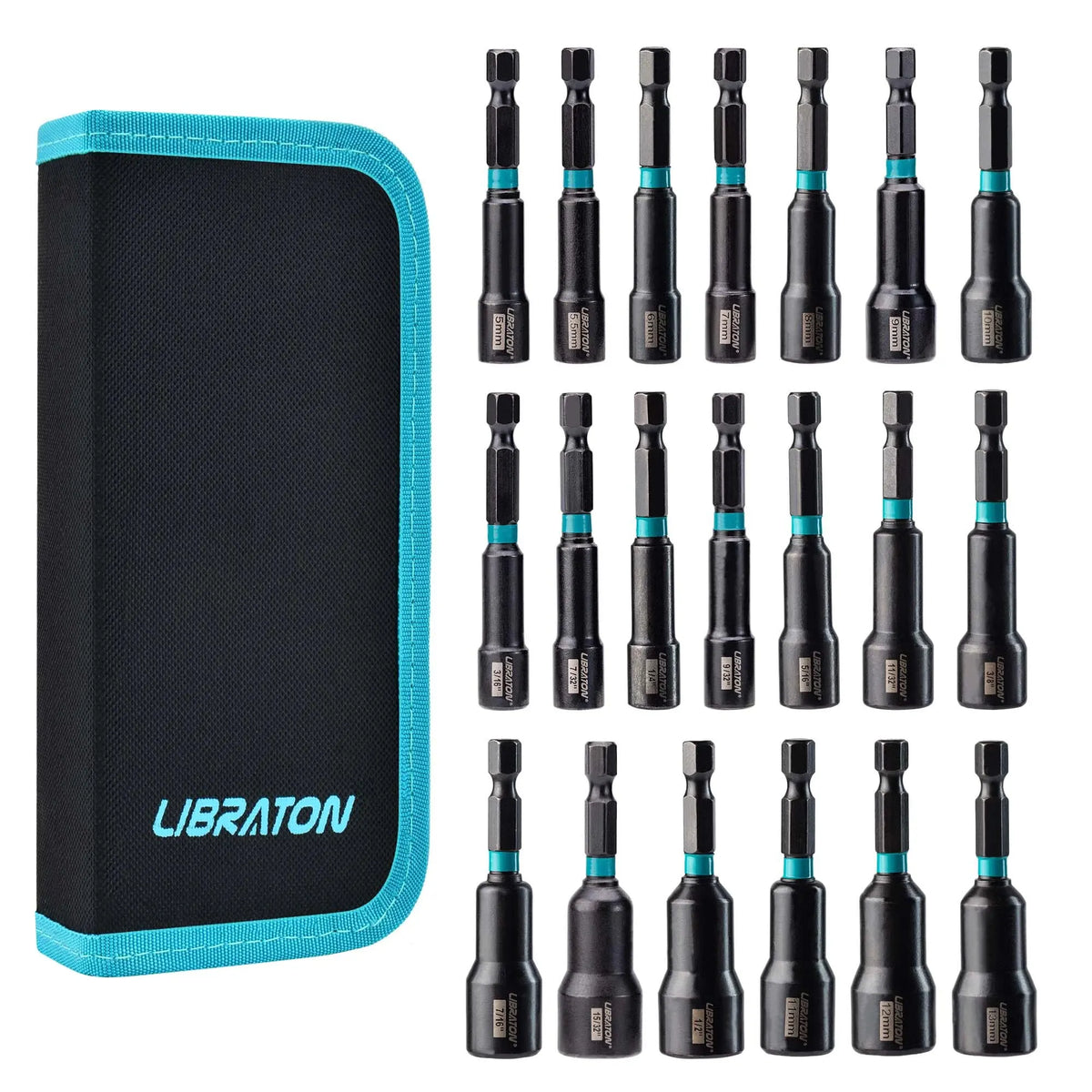 LIBRATON Conjunto de 20 Chaves de Porca Magnéticas, Conjunto de Pontas de Chave de Impacto para Furadeira 1/4" Chaves de Porca Métricas e SAE com Bolsa de Armazenamento