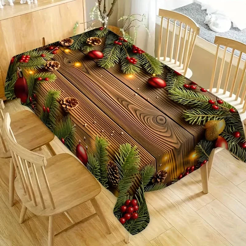Toalha de Mesa de Natal: Decoração Clássica de Inverno com Estampa de Papai Noel, Floco de Neve e Pinhas – Suprimentos para Cenário Festivo