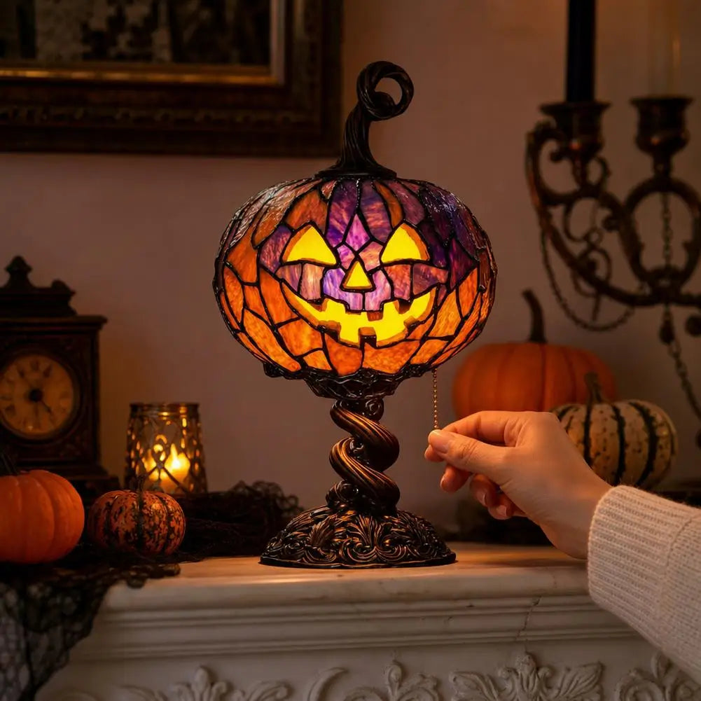Luminária de Mesa de Abóbora Alta para Halloween com Fantasma e Morcego Brilhantes, Artesanato em Resina, Luminária Criativa para Decoração de Casa