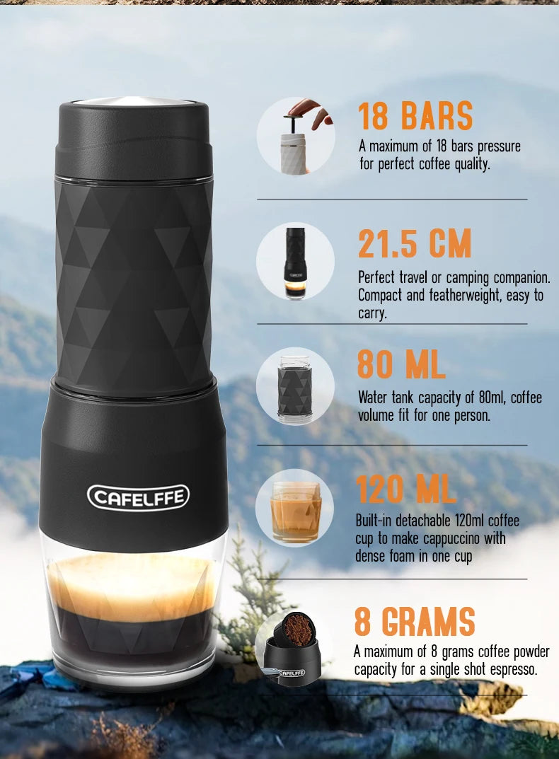 Máquina de Café Portátil Cafelffe 3 em 1, Cafeteira Manual para Cápsulas e Café Moído, Espumador de Leite, Preparador Manual para Viagens e Presentes