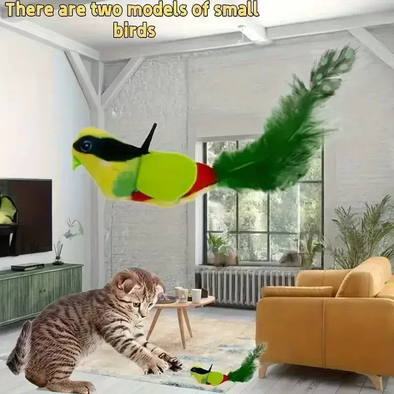 Brinquedo interativo para gatos, em forma de pássaro de pelúcia, ativado por som e fixado na parede, com catnip, para brincadeiras e entretenimento de gatos em ambientes fechados.