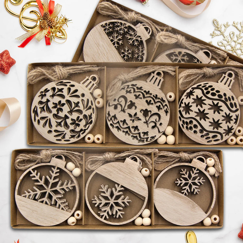 12 pçs/caixa bola de madeira pingente oco natal floco de neve pendurado ornamentos para decorações da árvore noel diy presentes embrulho suprimentos